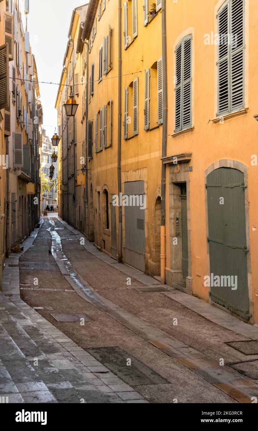 Toulon, France, narrow streets and old apartment buildings in the Old