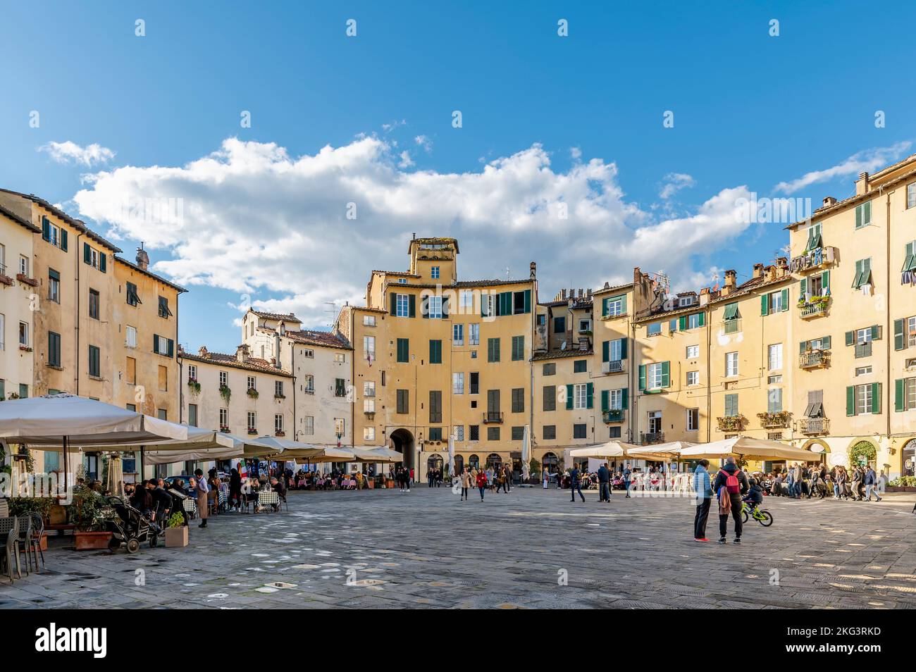 The central Piazza Anfiteatro square in Lucca, Italy, on a sunny day Stock Photo