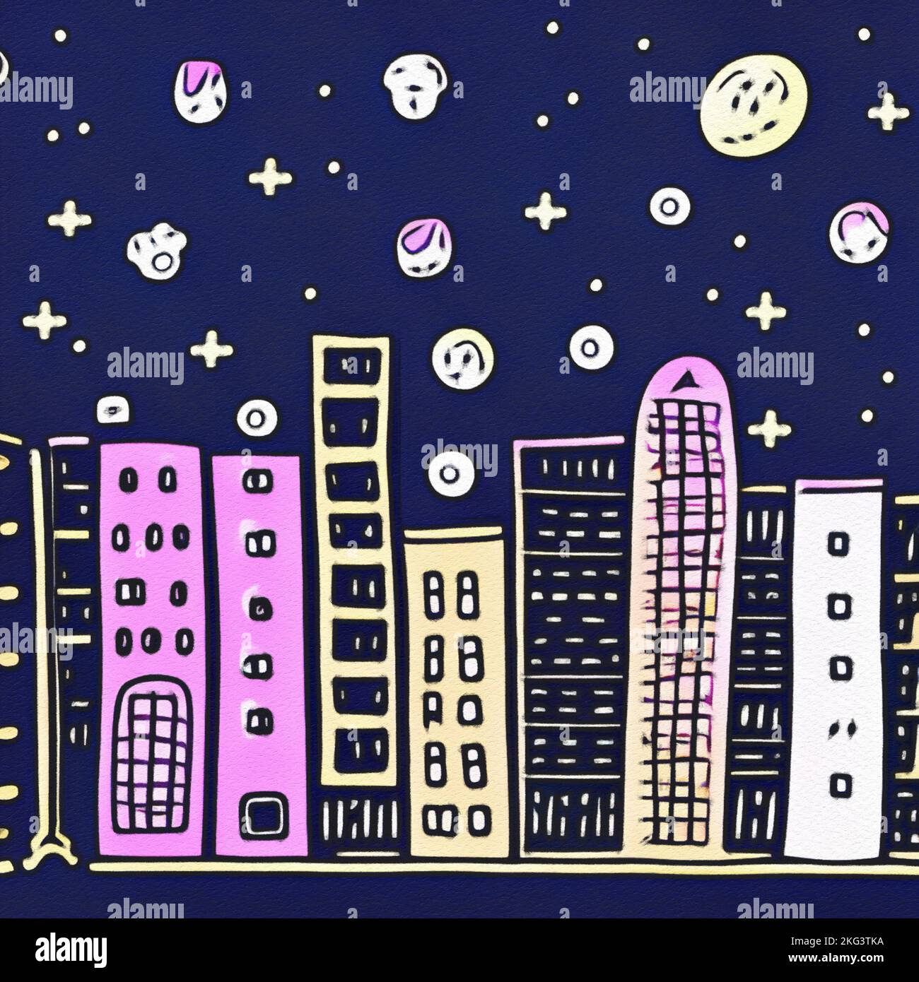 Night city illustration. Digital painting art of cartoon city at night. Trendy print or design background Stock Photo - Alamy Night city illustration. Digital painting art of cartoon city at night. Trendy print or design background Stock Photo - Alamy