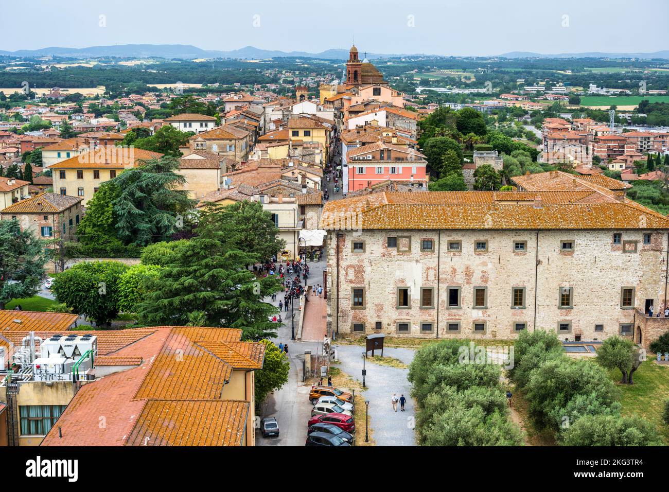 Aerial view of Palazzo della Corgna and main street in historic old town of Castiglione del Lago, Province of Perugia, Umbria, Italy Stock Photo