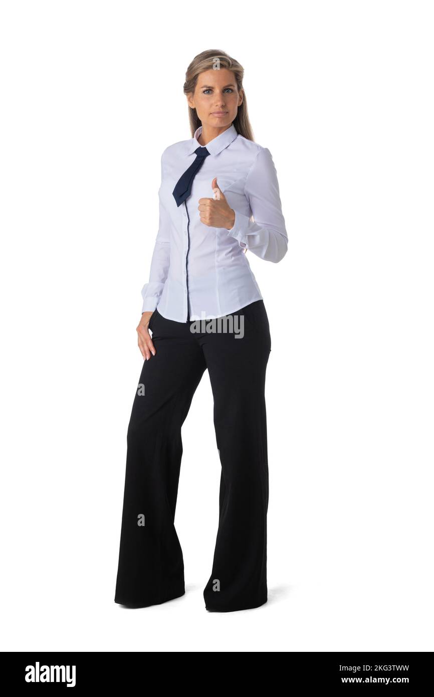 Full length portrait of business woman showing thumbs up gesture studio ...
