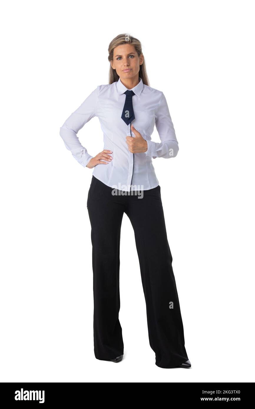 Full length portrait of business woman showing thumbs up gesture studio ...