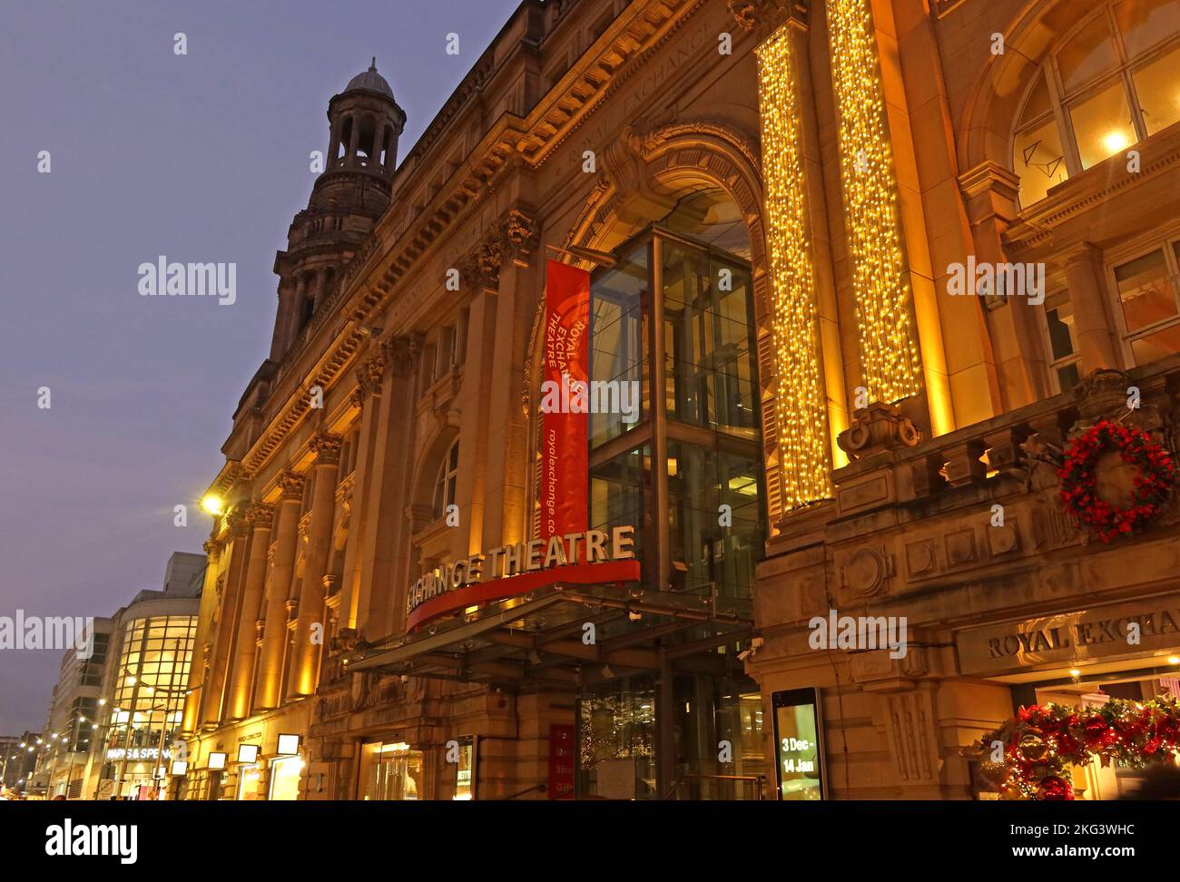 Manchester Royal Exchange theatre, at night, St Anns Square, city centre Manchester, England, UK, M2 7DH Stock Photo