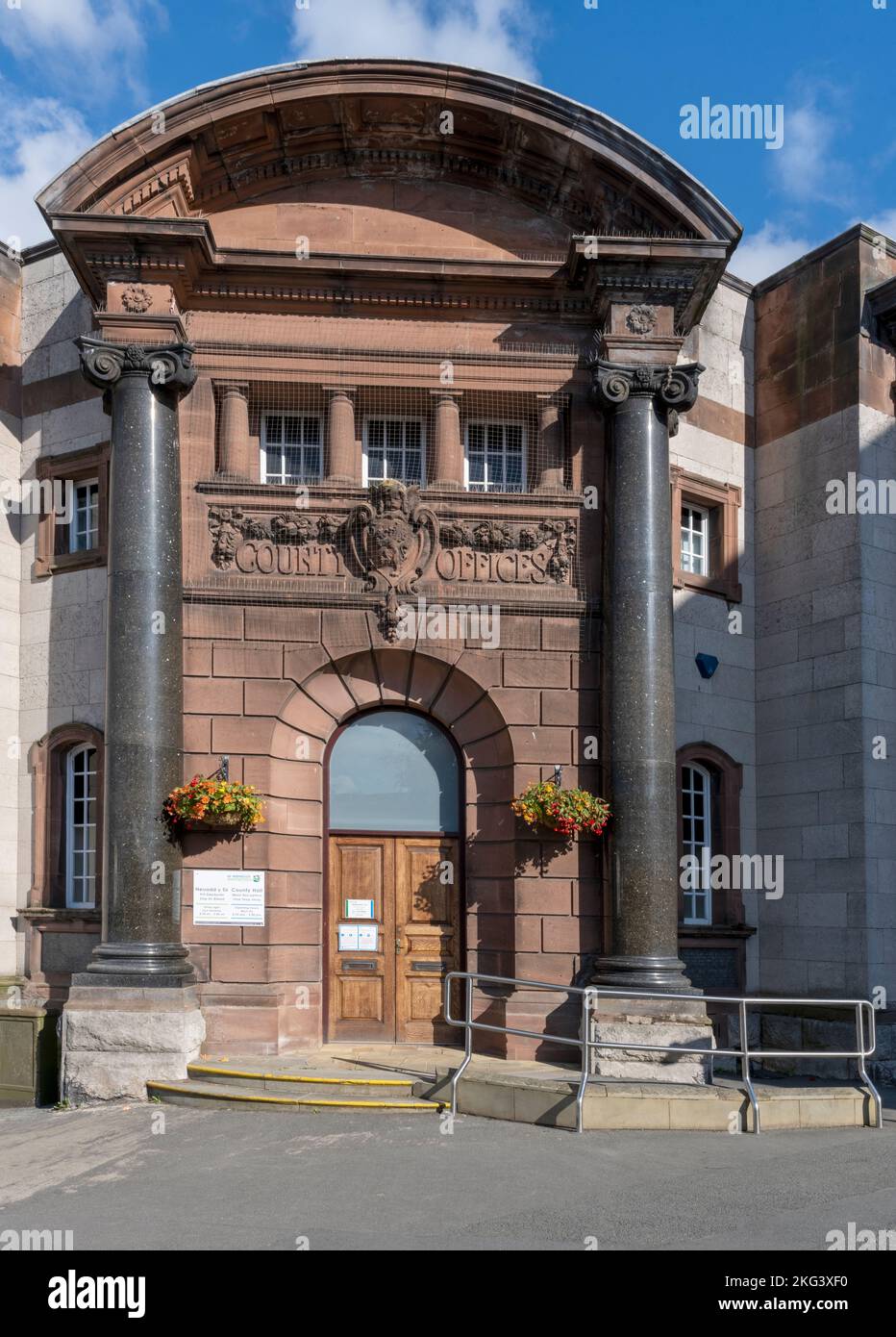 Denbighshire County Council Offices - County Hall - Station Road, Ruthin, Denbighshire, Wales, UK - view of the grand entrance Stock Photo