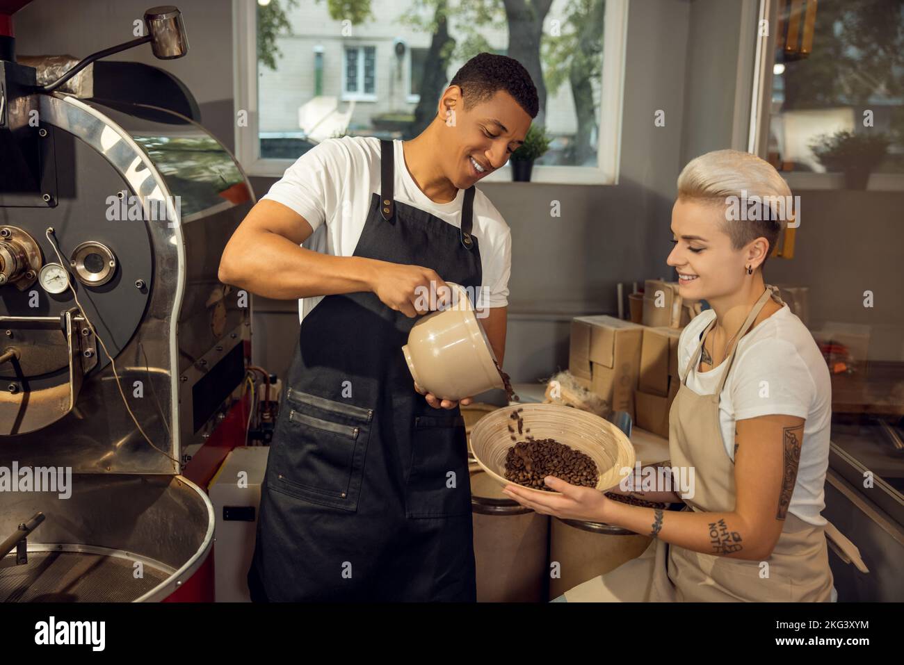 Two Smiling Happy Roast Masters Working Together Stock Photo Alamy Two Smiling Happy Roast Masters Working Together Stock Photo Alamy