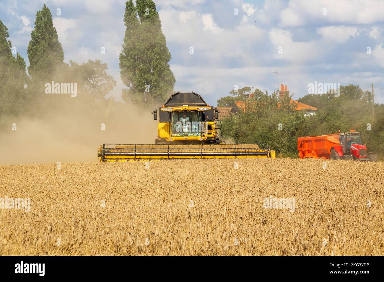 combine harvester in field with red tractor Stock Photo Alamy