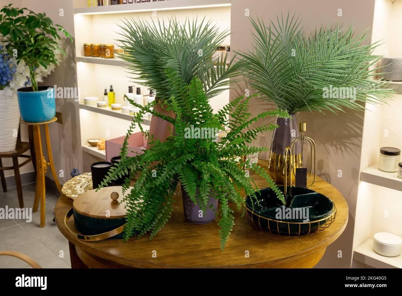 Small business. Flower shop interior. Floral design studio, decorations and arrangements and