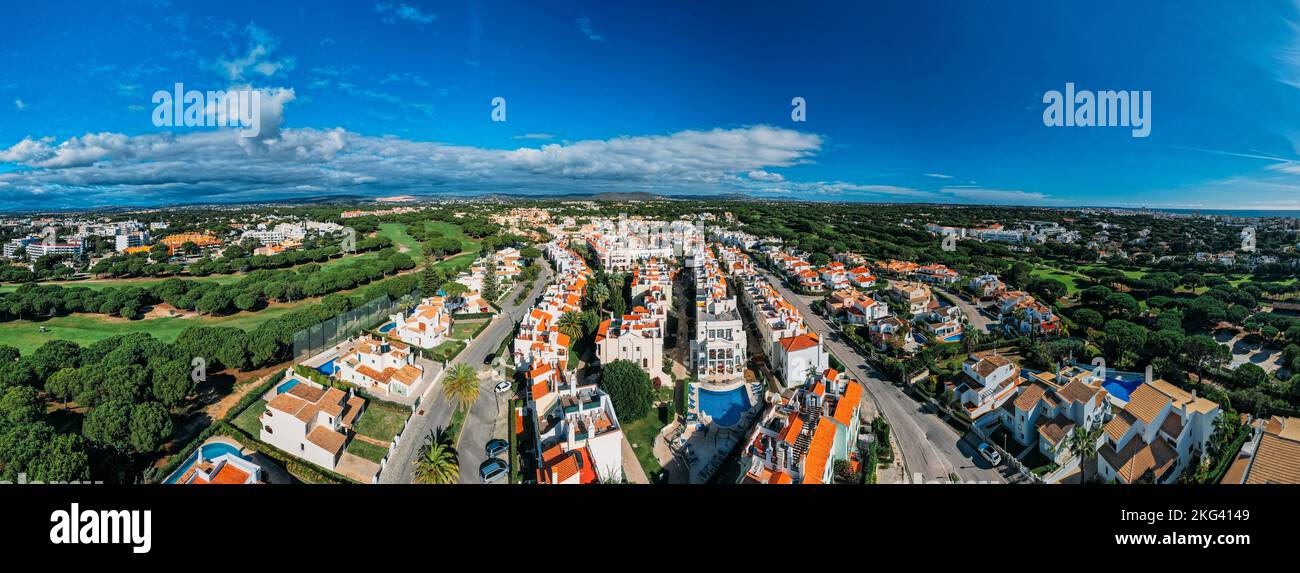 Aerial drone view of Old Village resort, a tranquil setting in The Algarve, surrounded by the Pinhal Golf Course and close to pristine beaches Stock Photo