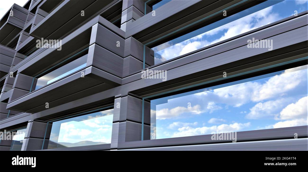 White clouds float across the blue sky in the reflection of the ...