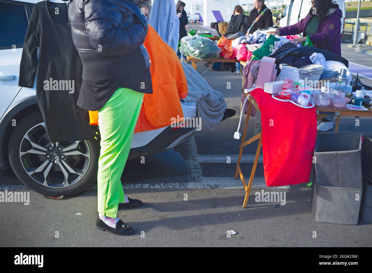 Green trousers at Brighton Marina Car Boot Sale Stock Photo Alamy