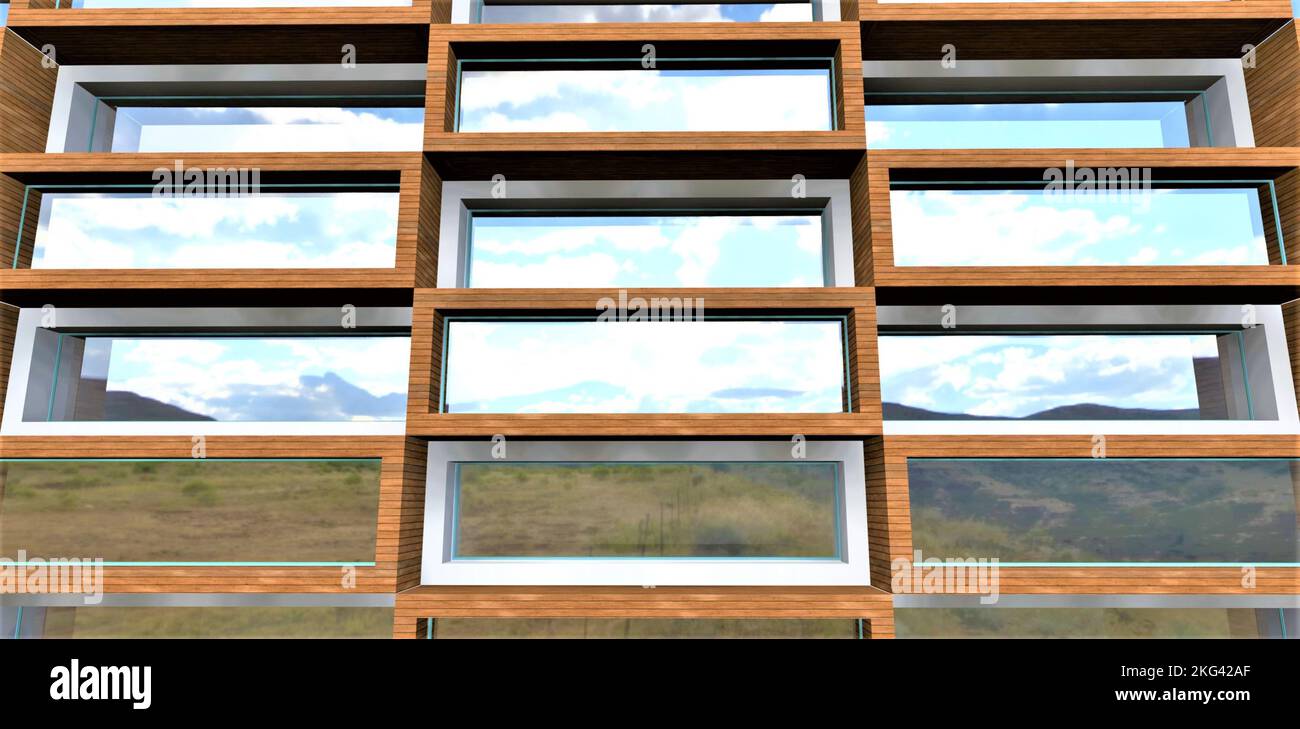 View of Stylish exterior of a low-rise residential building, made with modern ...
