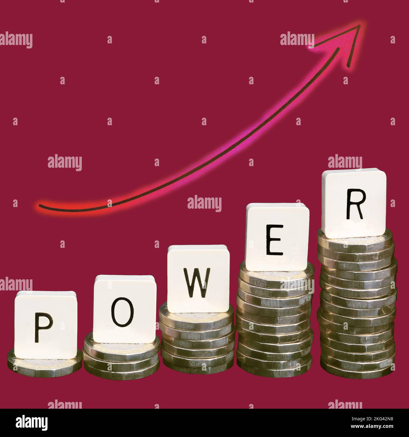 Arrangement of five stacks of one pound coins in increasing heights with capital letters spelling the word POWER on top of the stacks, illustrating a Stock Photo