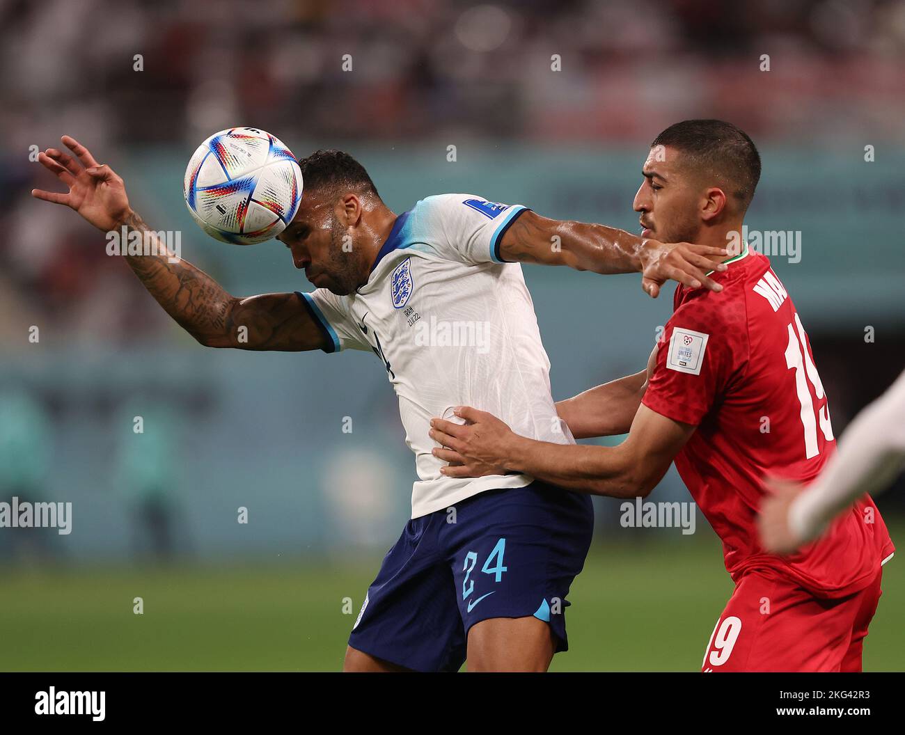 Doha, Catar. 21st Nov, 2022. WILSON Callum of England and HOSSEINI Majid of Iran during a match between England and Iran, valid for the group stage of the World Cup, held at Khalifa International Stadium in Doha, Qatar. Credit: Rodolfo Buhrer/La Imagem/FotoArena/Alamy Live News Stock Photo
