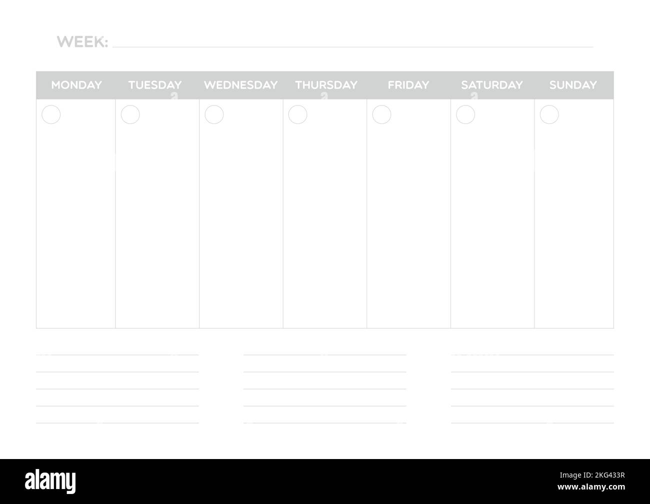 Weekly planner grey color. Notes. Printable template. Vector