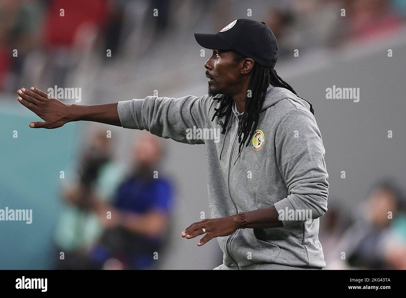 Doha, Qatar. 21st Nov, 2022. Aliou Cisse, head coach of Senegal, gestures during the Group A match between Senegal and the Netherlands at the 2022 FIFA World Cup at Al Thumama Stadium in Doha, Qatar, Nov. 21, 2022. Credit: Xu Zijian/Xinhua/Alamy Live News Stock Photo