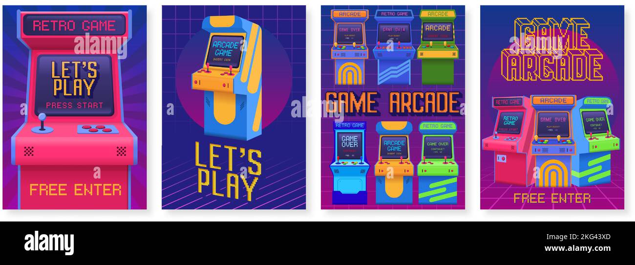 Retro gaming posters. Arcade game event invitation flyer, lets play poster with old gaming machines vector set Stock Vector