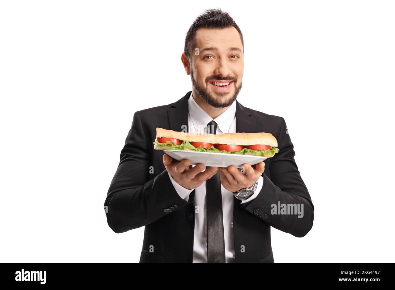 Businessman holding a sandwich on a plate isolated on white background Stock Photo