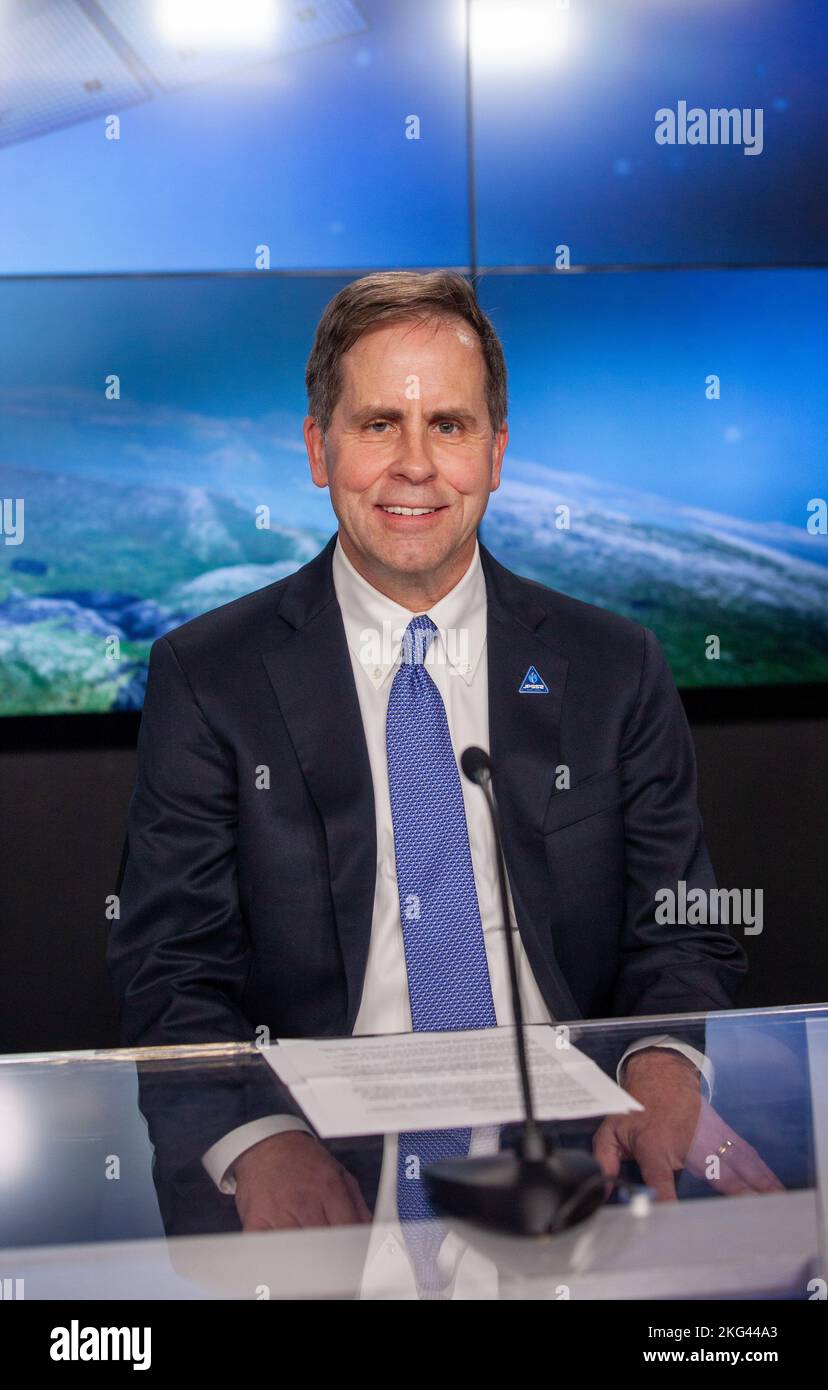 JPSS-2/LOFTID Prelaunch News Conference. Tim Walsh, director, NOAA’s JPSS Program Office, NOAA, participates in a prelaunch news conference for the National Oceanic and Atmospheric Administration’s (NOAA) Joint Polar Satellite System-2 (JPSS-2) and NASA Low-Earth Orbit Flight Test of an Inflatable Decelerator (LOFTID) technology demonstration at Vandenberg Space Force Base in California on Oct. 28, 2022. JPSS-2 is the third satellite in the polar satellite series and is expected to capture data to improve weather forecasts, helping scientists predict and prepare for extreme weather events and Stock Photo