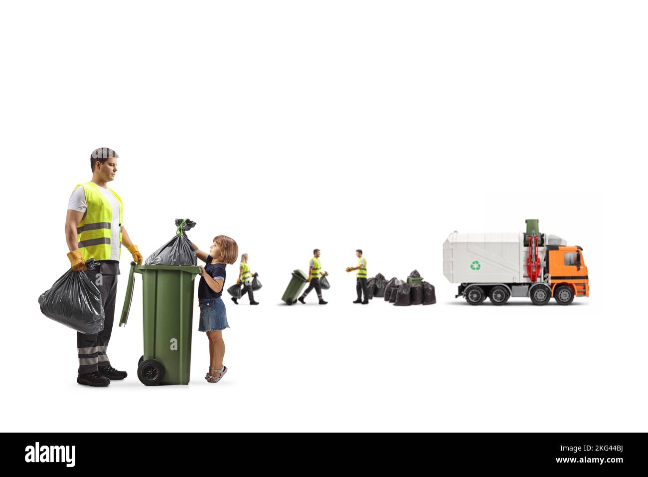 Waste collectors with a garbage truck and a little girl throwing a bag isolated on white background Stock Photo