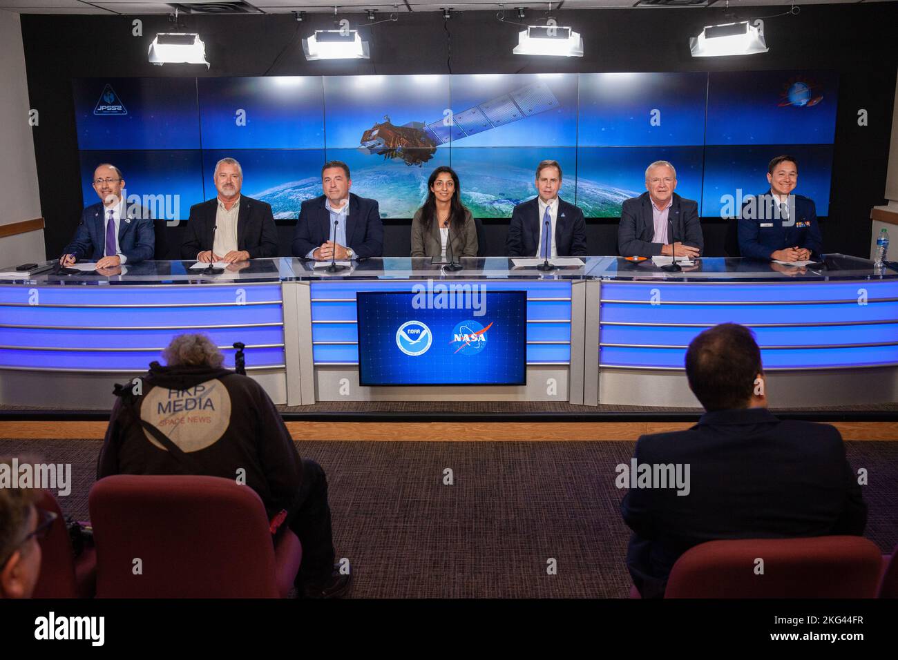 JPSS-2/LOFTID Prelaunch News Conference. NASA held a prelaunch news conference for the National Oceanic and Atmospheric Administration’s (NOAA) Joint Polar Satellite System-2 (JPSS-2) and the agency’s Low-Earth Orbit Flight Test of an Inflatable Decelerator (LOFTID) technology demonstration at Vandenberg Space Force Base in California on Oct. 28, 2022. Participants from left are: John Gagosian, director, NASA’s Joint Agency Satellite Division; Omar Baez, launch director, NASA’s Launch Services Program; Gary Wentz, vice president, Government and Commercial Programs, ULA; Irene Parker, deputy as Stock Photo