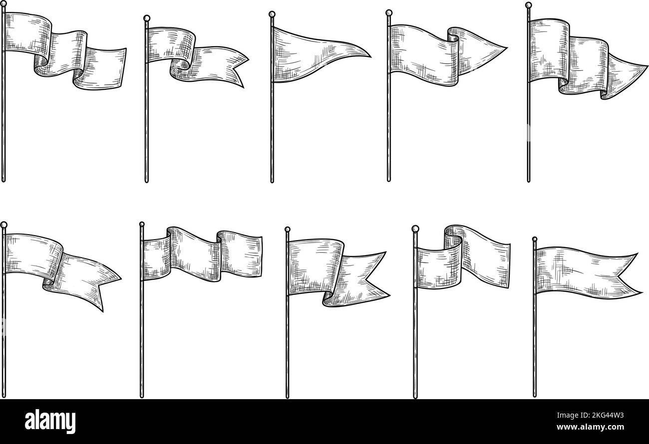 Hand drawn flags. Sketch waving fabric on pole, different flag engraving shapes with waves, empty isolated vector set Stock Vector