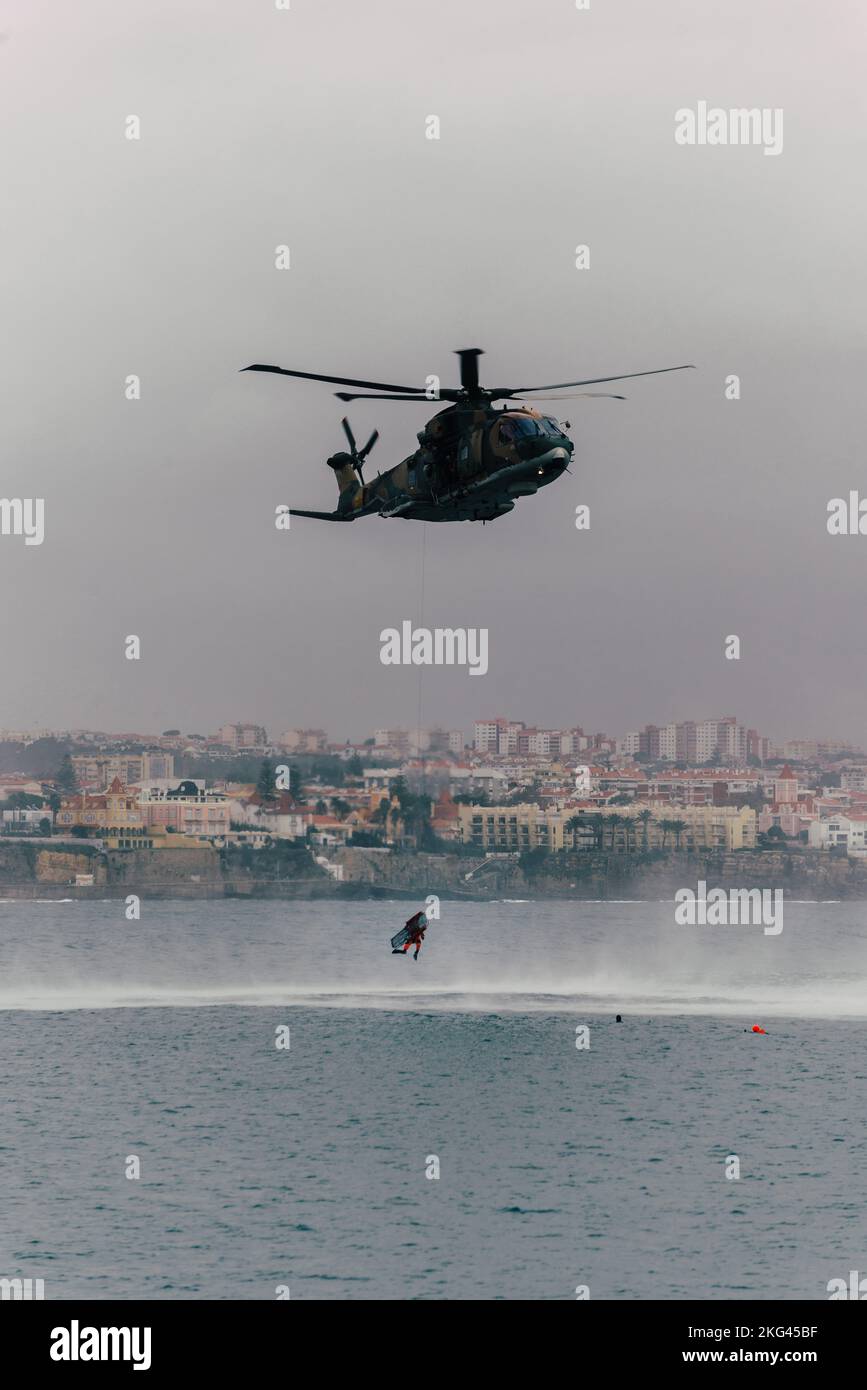Portuguese Airforce helicopter engages in a rescue exercise in Cascais
