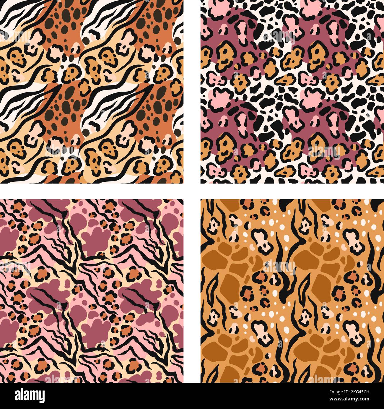Mixed animal skin motifs pattern. Fusion fur print, safari mix texture and wild nature fashion seamless background set Stock Vector