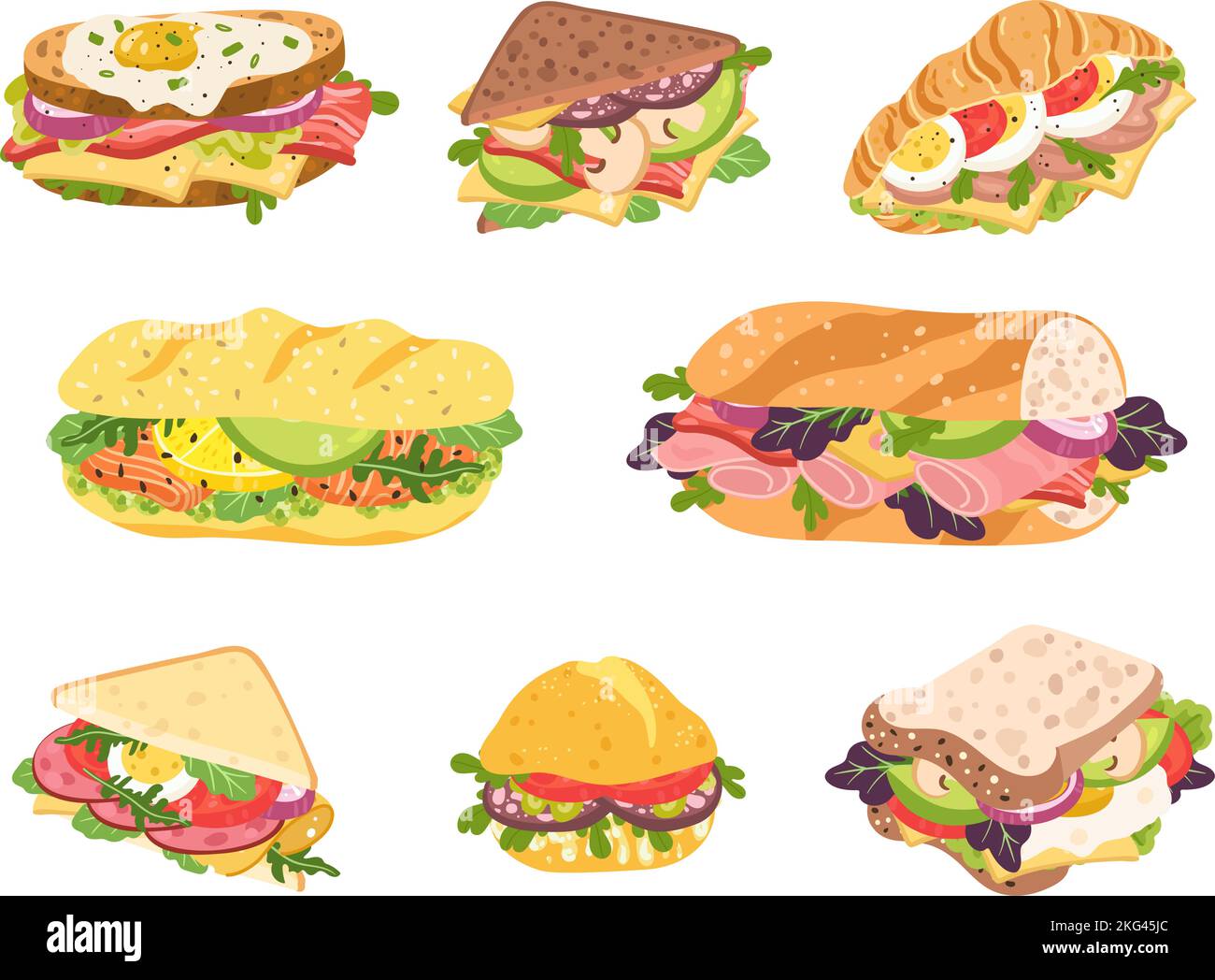 Cartoon sandwich. Delicious panini with vegetables, salmon and meat. Crispy toast, croissant and bun sandwiches vector set Stock Vector