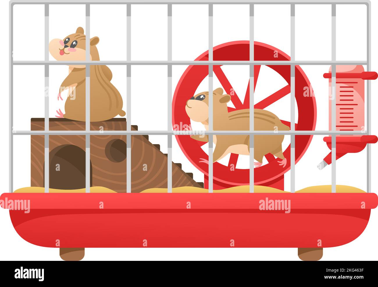 Cartoon hamster cage. Cute pet runs in wheel, pair of small happy hamsters in pet store isolated vector illustration Stock Vector