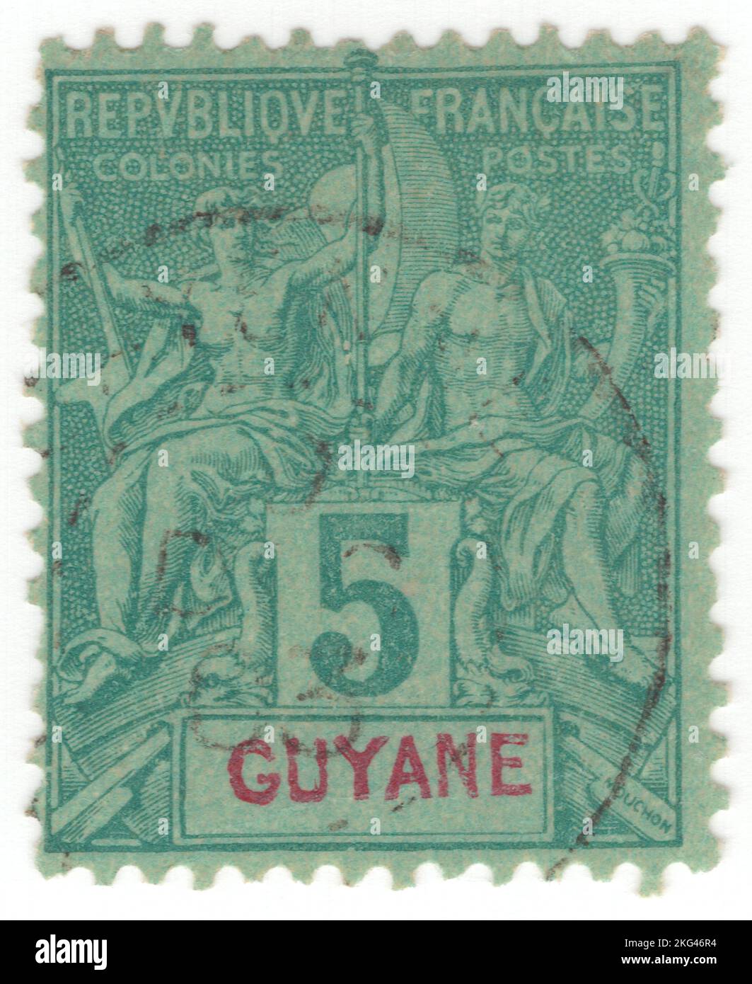 FRENCH GUIANA - 1892: An 5 centimes green on greenish postage stamp depicting Couple of ancient God and Goddess as allegory Navigation and Commerce. Name of Colony in Blue or Carmine, 'Tablet' key-type inscribed 'GUYANE'. Allegory 'Navigation and Commerce' was designed by Louis-Eugene Mouchon. The Navigation and Commerce issue is a series of key type stamps issued for the colonial territories of France Stock Photo
