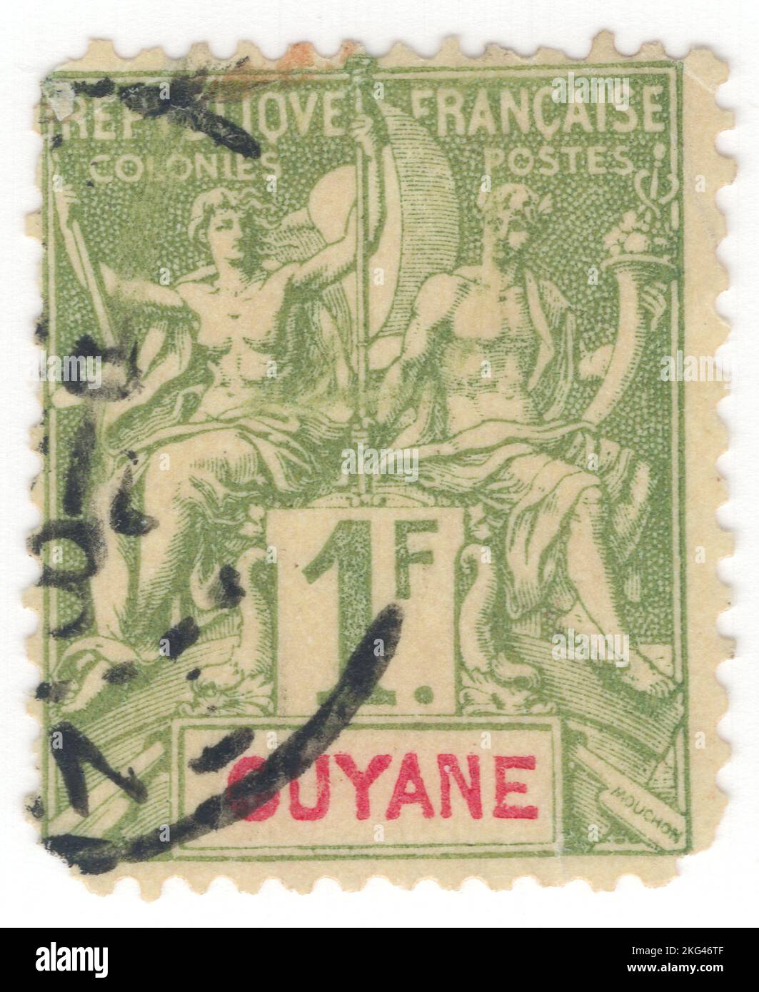 FRENCH GUIANA - 1892: An 1 franc brown-green on straw postage stamp depicting Couple of ancient God and Goddess as allegory Navigation and Commerce. Name of Colony in Blue or Carmine, 'Tablet' key-type inscribed 'GUYANE'. Allegory 'Navigation and Commerce' was designed by Louis-Eugene Mouchon. The Navigation and Commerce issue is a series of key type stamps issued for the colonial territories of France Stock Photo