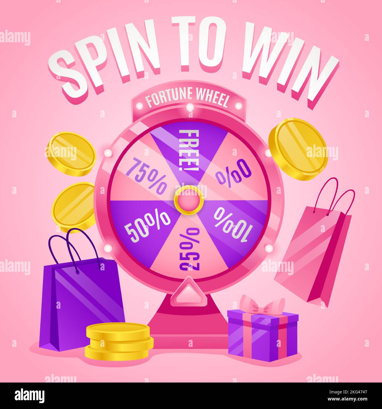Spin to win banner. Lucky promotions with gift prize and sale discount, fortune spinning wheel game vector illustration Stock Vector