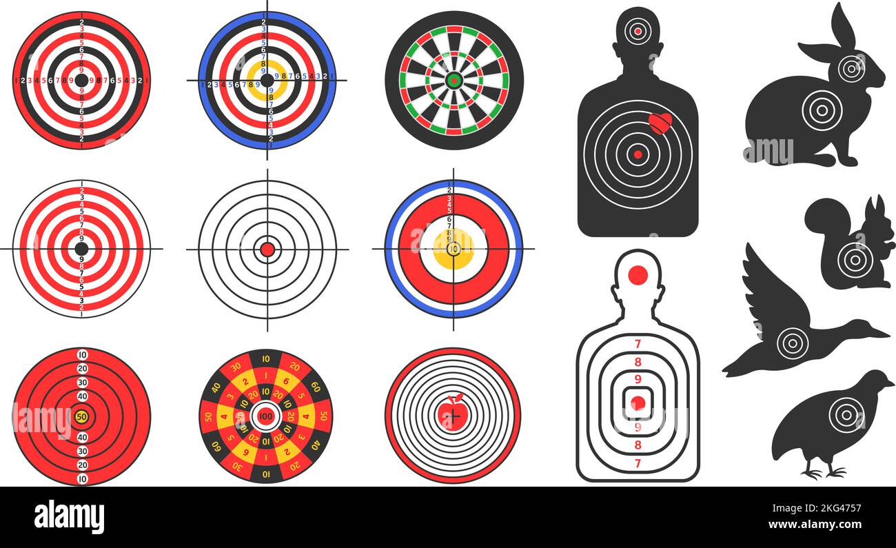 Shooting range target. Human and animals silhouette targets with bullet shoot ranking marks and rings vector set Stock Vector