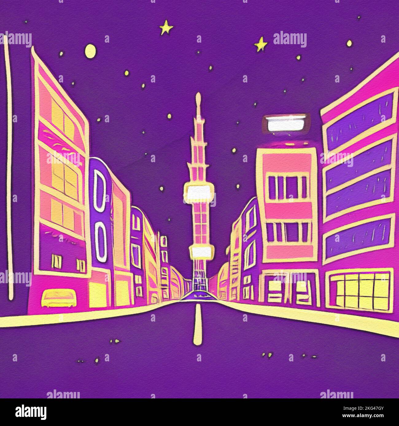 Night city illustration. Digital painting art of cartoon city at night