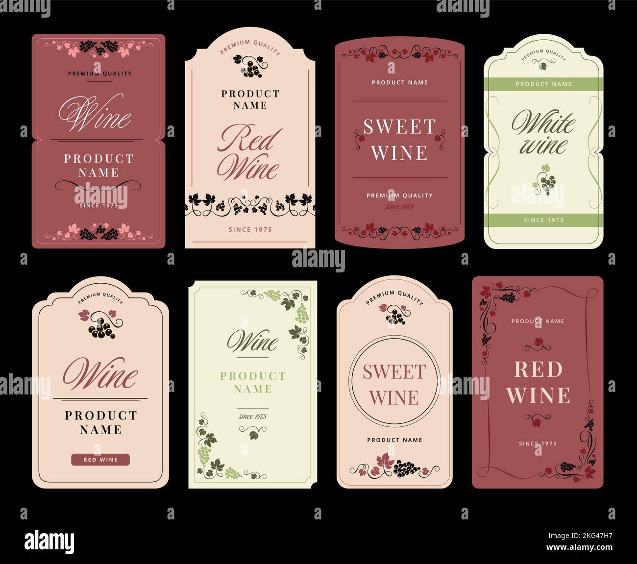 Floral wine bottle label. Winery sticker template with grapes vine