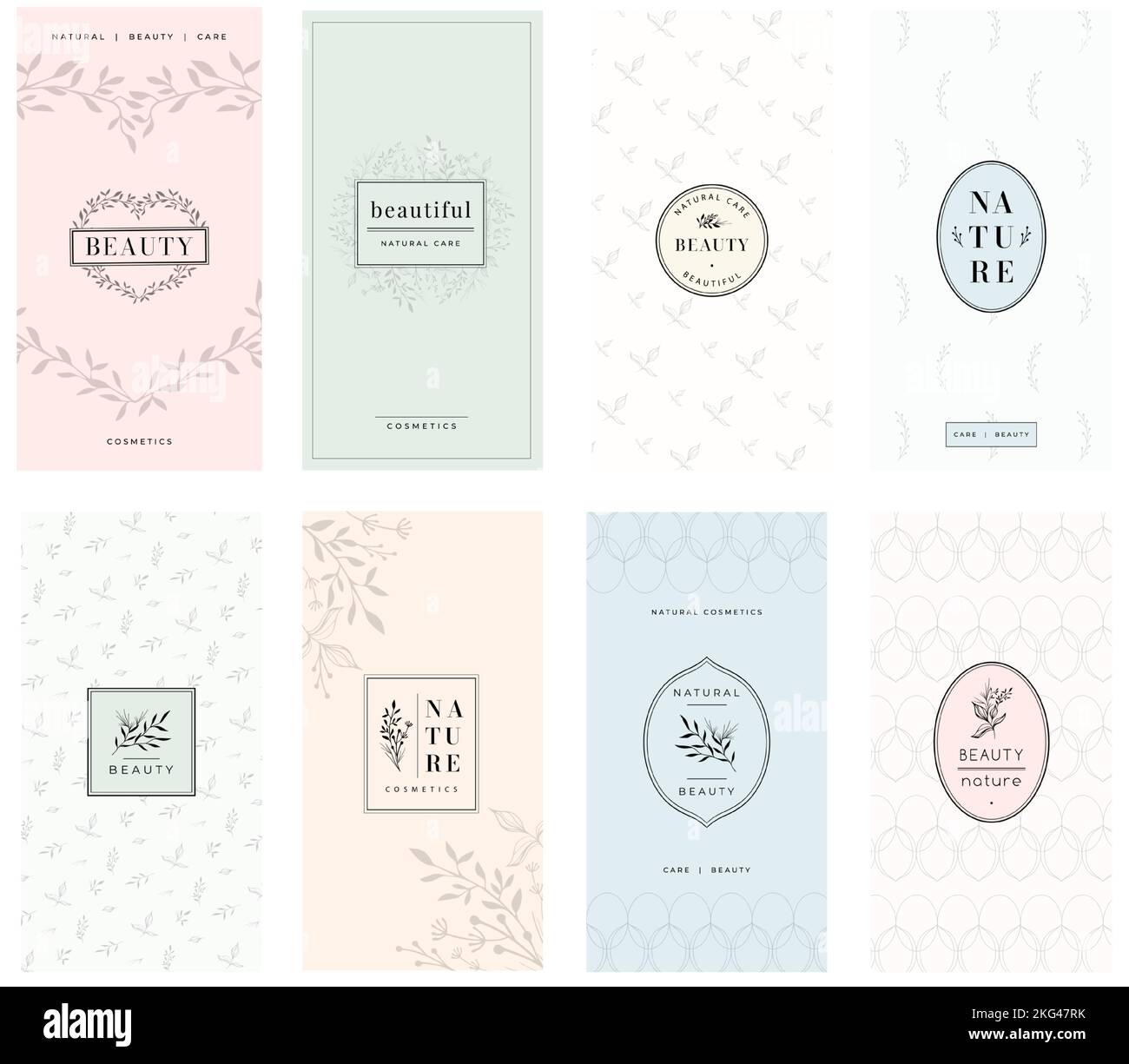 Beauty product packaging template. Floral frame and natural botanical ornament patterns for cosmetic package design vector set Stock Vector
