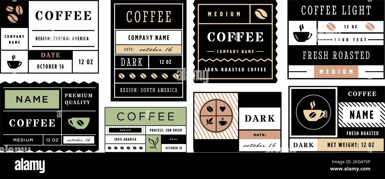 Minimal coffee label template. Vintage sticker layout for ground coffee beans packaging, geometric frame vector set Stock Vector