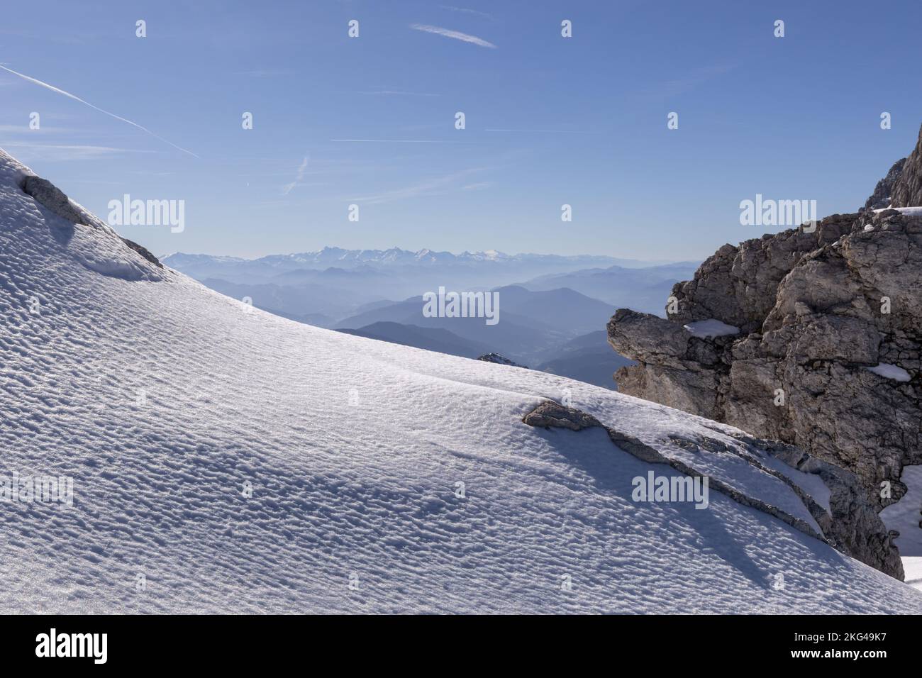 Dense hard snow tongue at an altitude of 3000 m on the Dachstein glacier, Austria, Alps Stock Photo