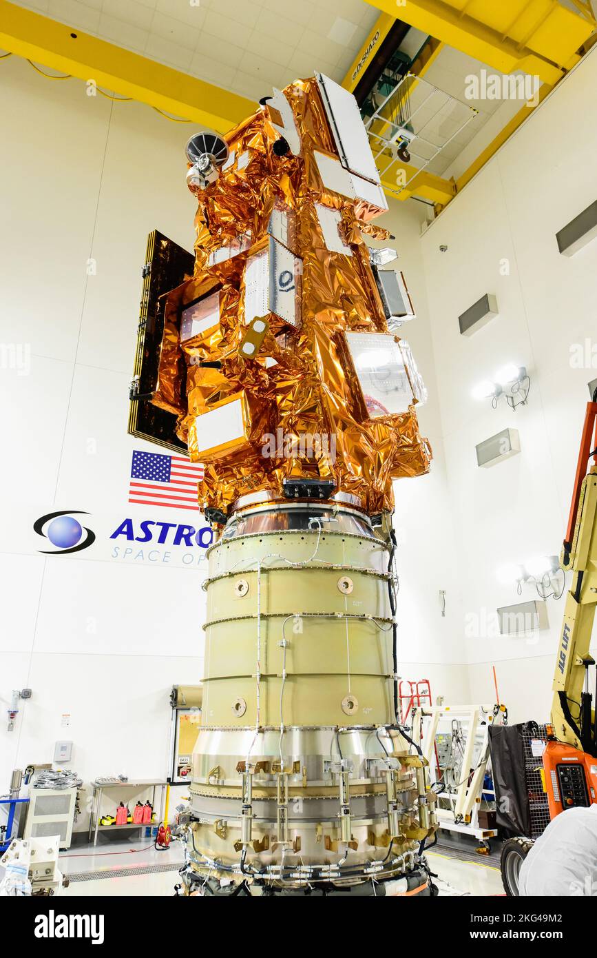 JPSS-2 Fairing Encapsulation. The National Oceanic and Atmospheric Administration’s (NOAA) Joint Polar Satellite System-2 (JPSS-2), stacked atop NASA’s Low-Earth Orbit Flight Test of an Inflatable Decelerator (LOFTID) secondary payload is in view inside the Astrotech Space Operations facility at Vandenberg Space Force Base (VSFB) in California on Oct. 12, 2022. JPSS-2 is being prepared for encapsulation inside the United Launch Alliance Atlas V payload fairing. JPSS-2 is the third satellite in the Joint Polar Satellite System series. It is scheduled to lift off from VSFB on Nov. 1 from Space L Stock Photo