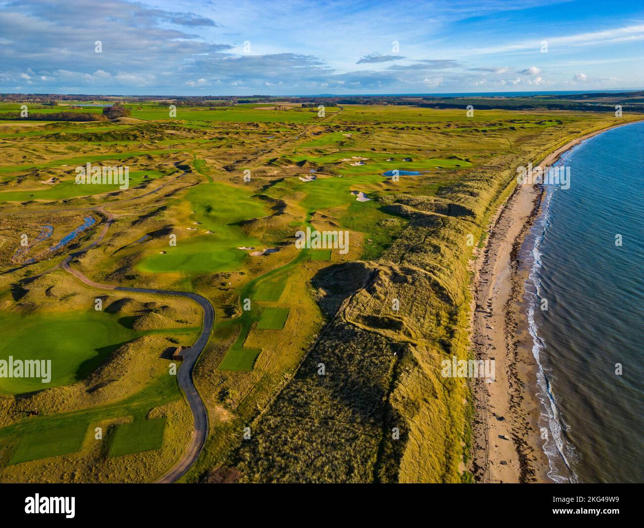 Aerial view from drone of Dumbarnie Links golf course in Fife, Scotland