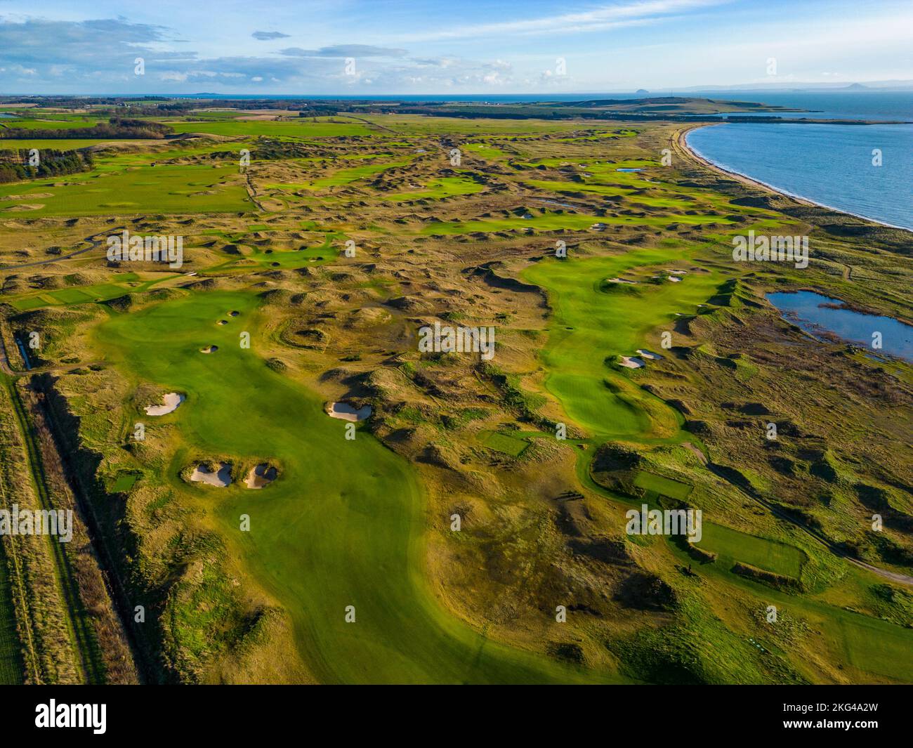 Aerial view from drone of Dumbarnie Links golf course in Fife, Scotland