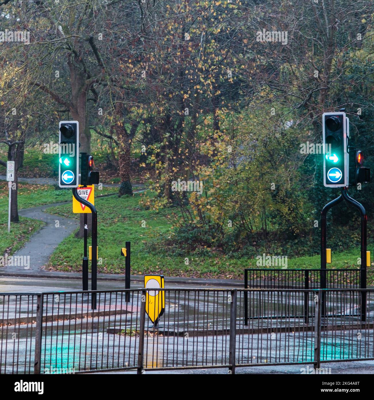 Epsom, Surrey, London UK, November 20 2022, Green Light Traffic Lights With No Cars Or People On A Wet Autumn Day Stock Photo