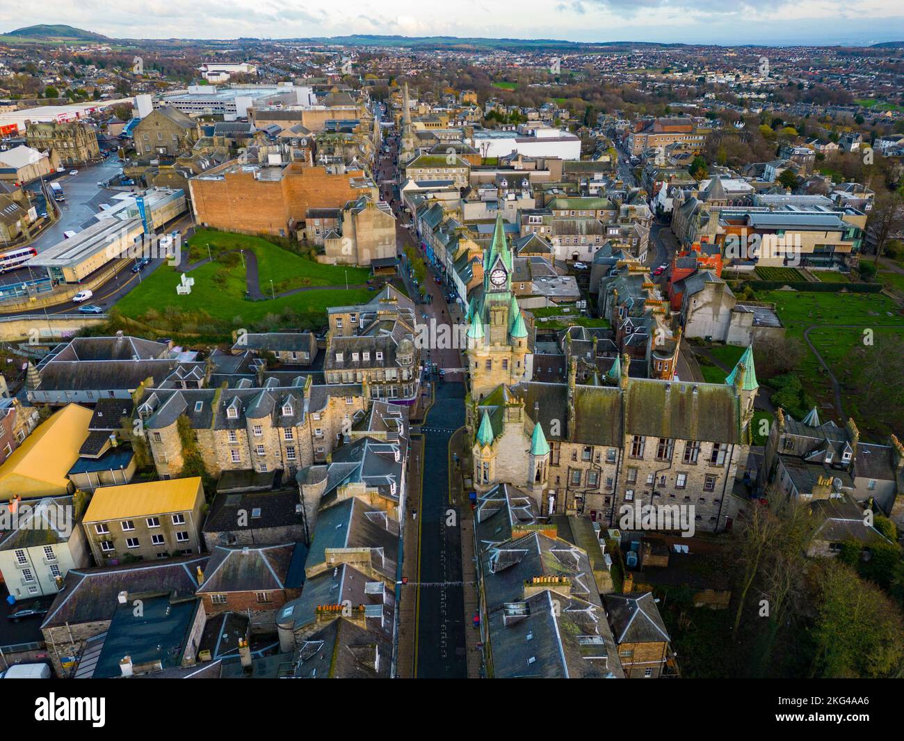 Aerial view of Town Hall and High Street in city centre of Dunfermline
