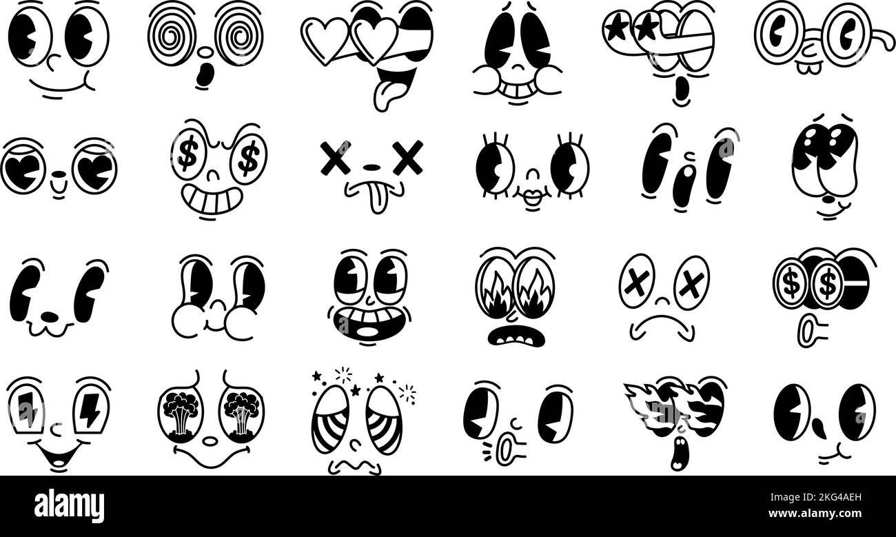 Retro 1930s facial expressions. Mascot faces for old animation characters, funny face with fire, heart and star shaped eyes vector set Stock Vector