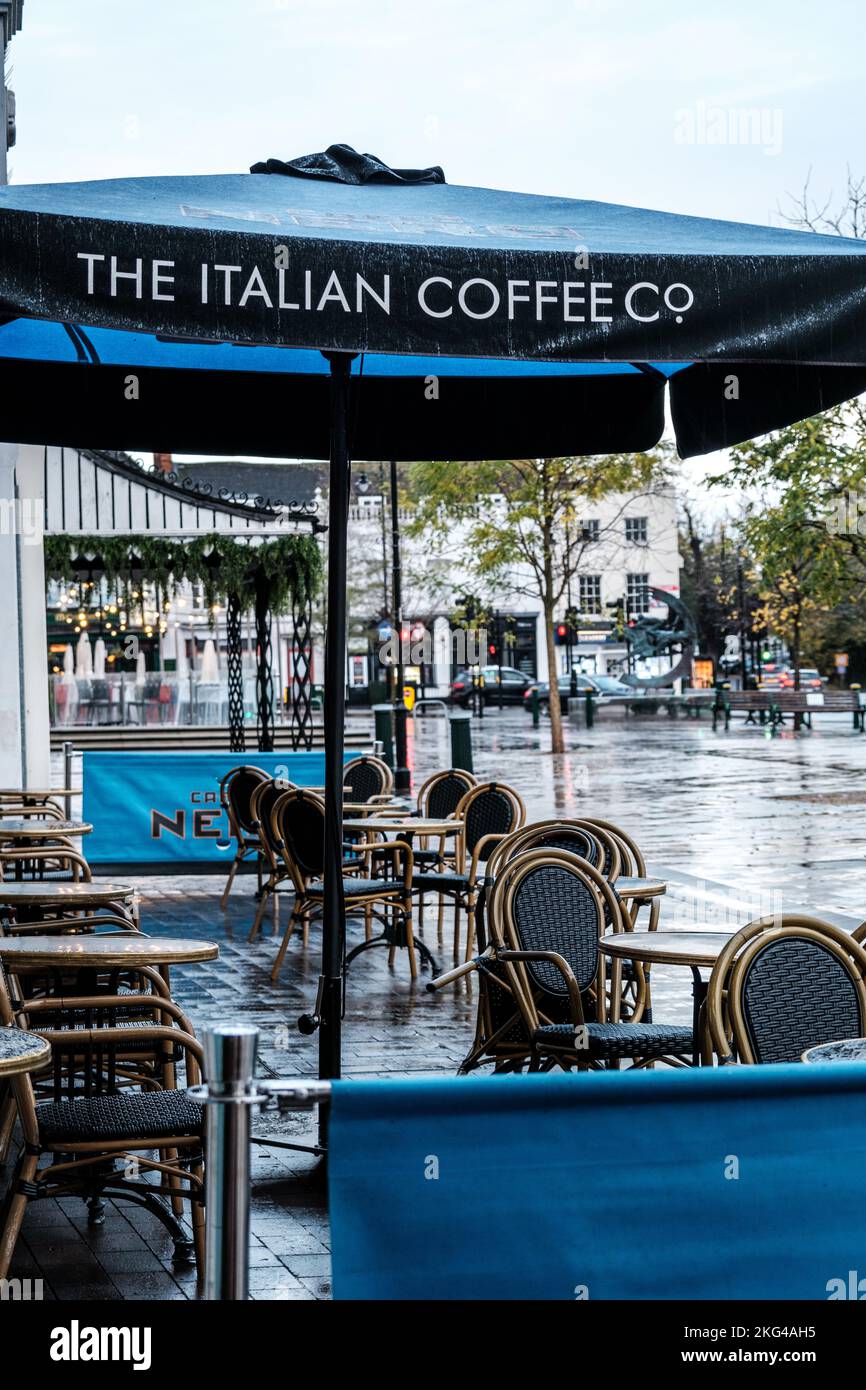 Epsom, Surrey, London UK, November 20 2022, Empty Outside Seating Area Of Cafe Nero On A Wet Morning With No People Of Customers Stock Photo