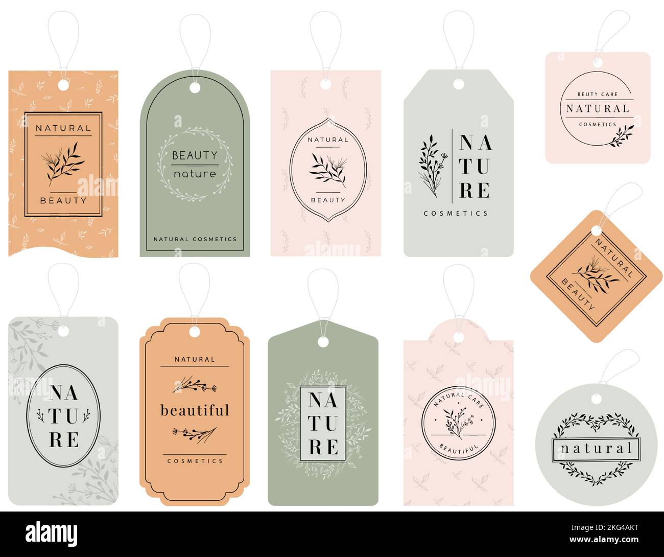 Beauty product tags. Vertical tag template with floral branches and leaves pattern for natural cosmetic products vector set Stock Vector