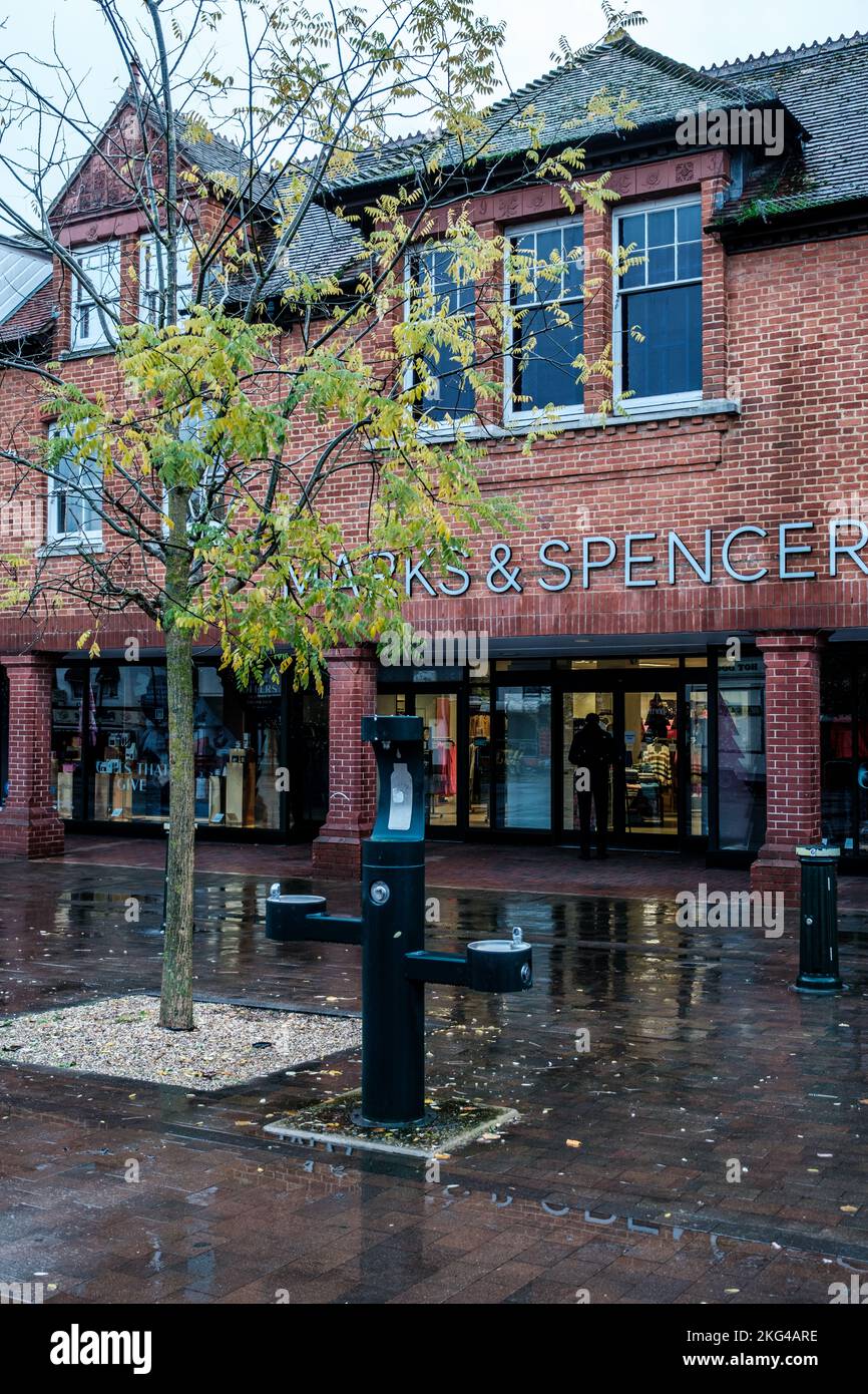 Epsom, Surrey, London UK, November 20 2022, Marks And Specer High Street Town Centre Retail Chain On A Wet Moring With No People Stock Photo