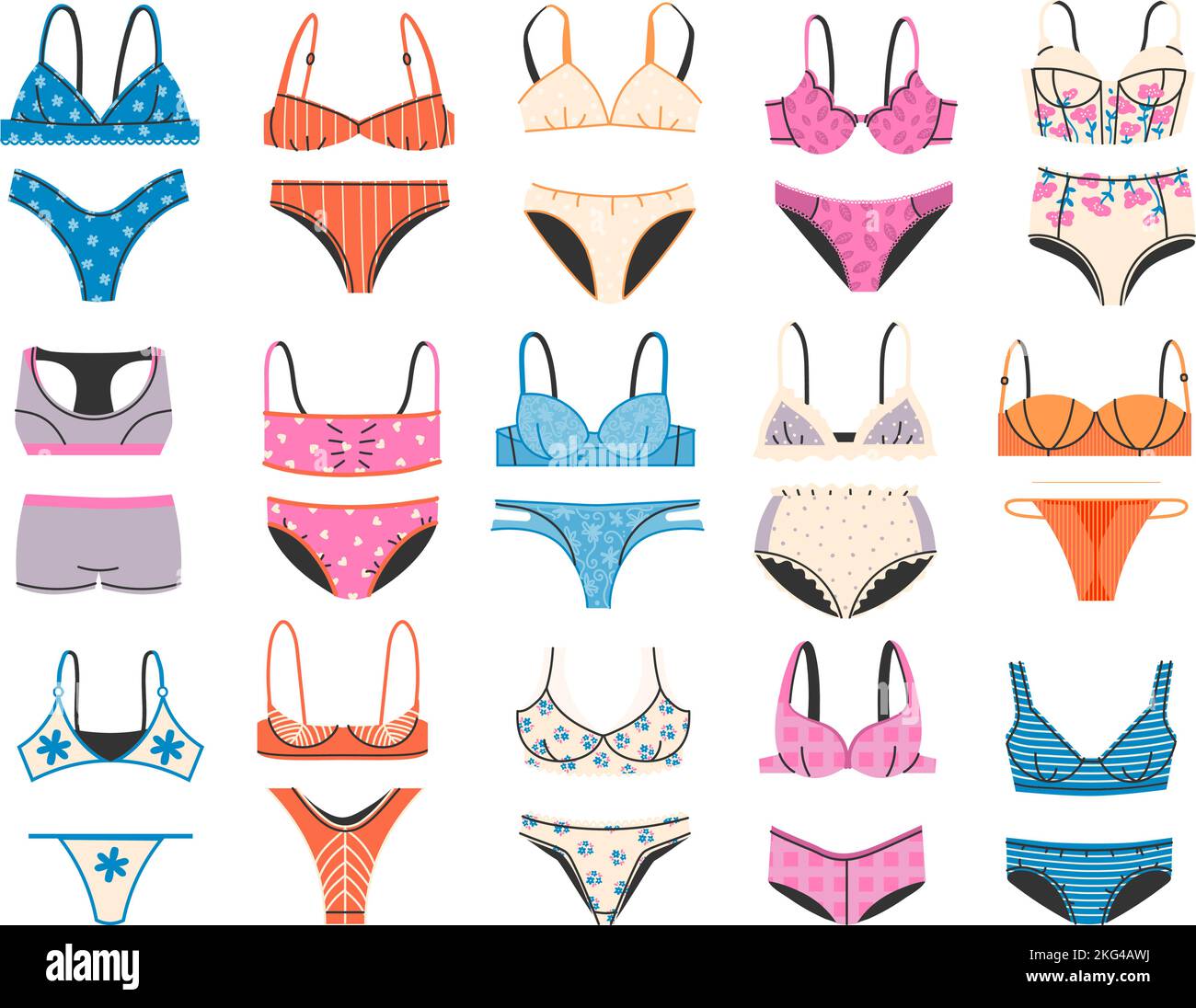 Female underwear. Womens bikini, panties, and bra. Elegant lingerie and swimsuit fashion accessories vector set Stock Vector