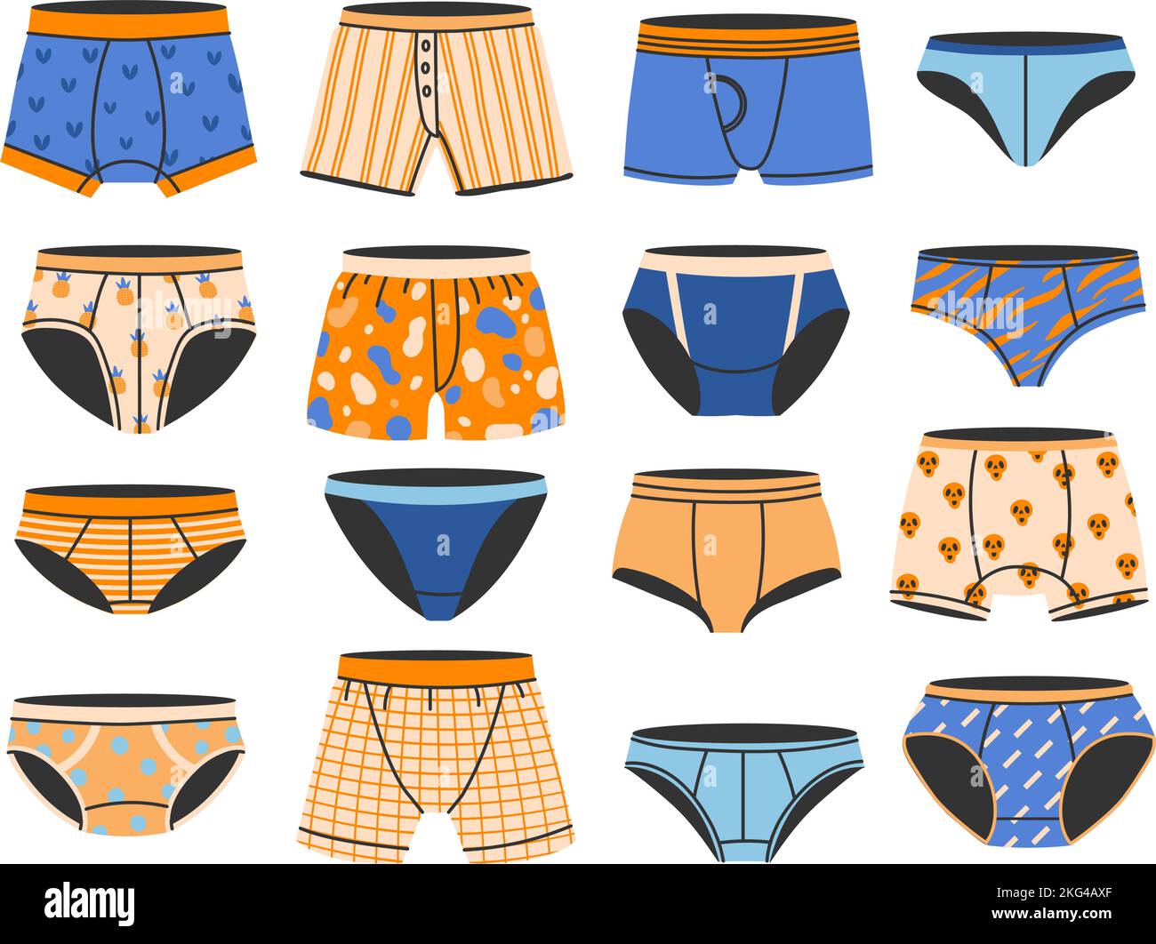 Casual man panties. Boy swimwear trunks, mens underwear and male everyday boxers. Briefs types vector set Stock Vector