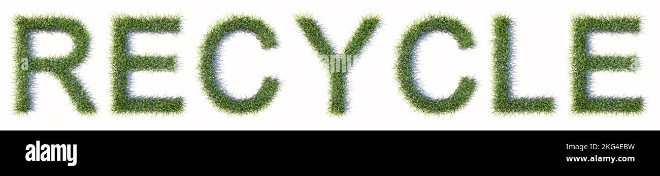 Concept conceptual green lawn grass forming the RECYCLE word isolated  on white background. 3d illustration metaphor for energy and natural resources Stock Photo